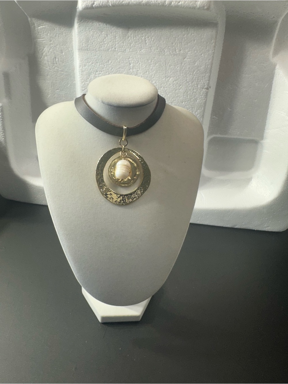 Chico's Gold Double-Disc Pendant Choker with Cream Cabochon